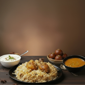 Royal Kolkata Style Chicken Biriyani [serve 1] with Gulab Jamun, Raita And Chicken Chaap Gravy